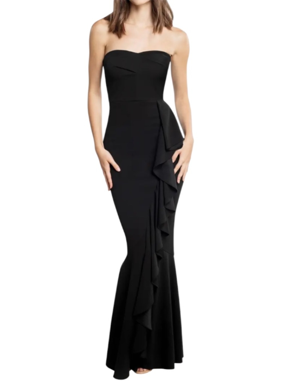 🌻NEW w/tag Dress the Population Paris Ruffle Strapless Mermaid Gown Black Small